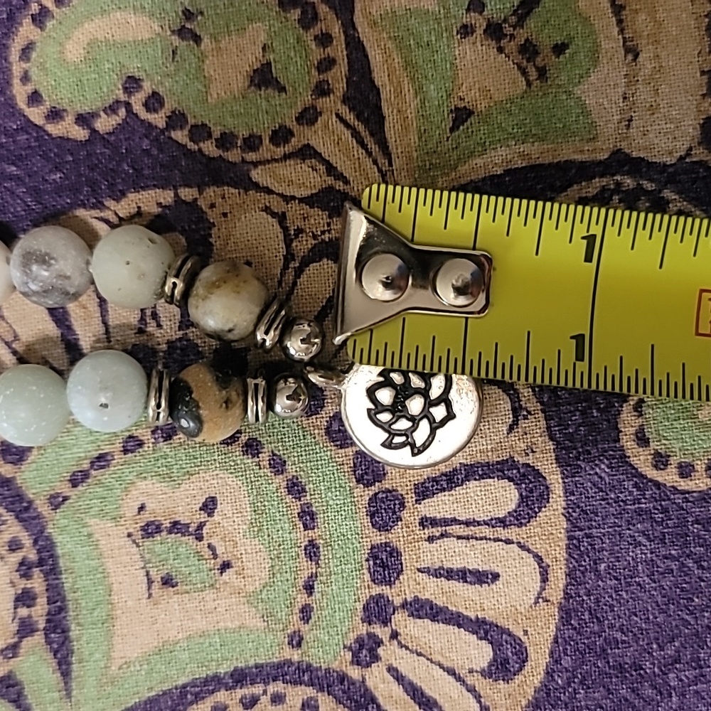 Beautiful Natural Stone and Silver Bead Lotus Charm Necklace - Long and Stretchy - Picture 5 of 5